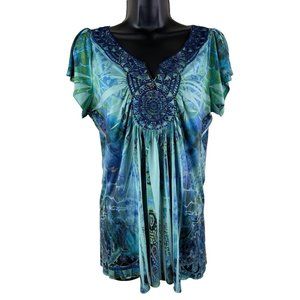 Apt 9 Blouse Women Blue Green Short Sleeve Stretc… - image 1